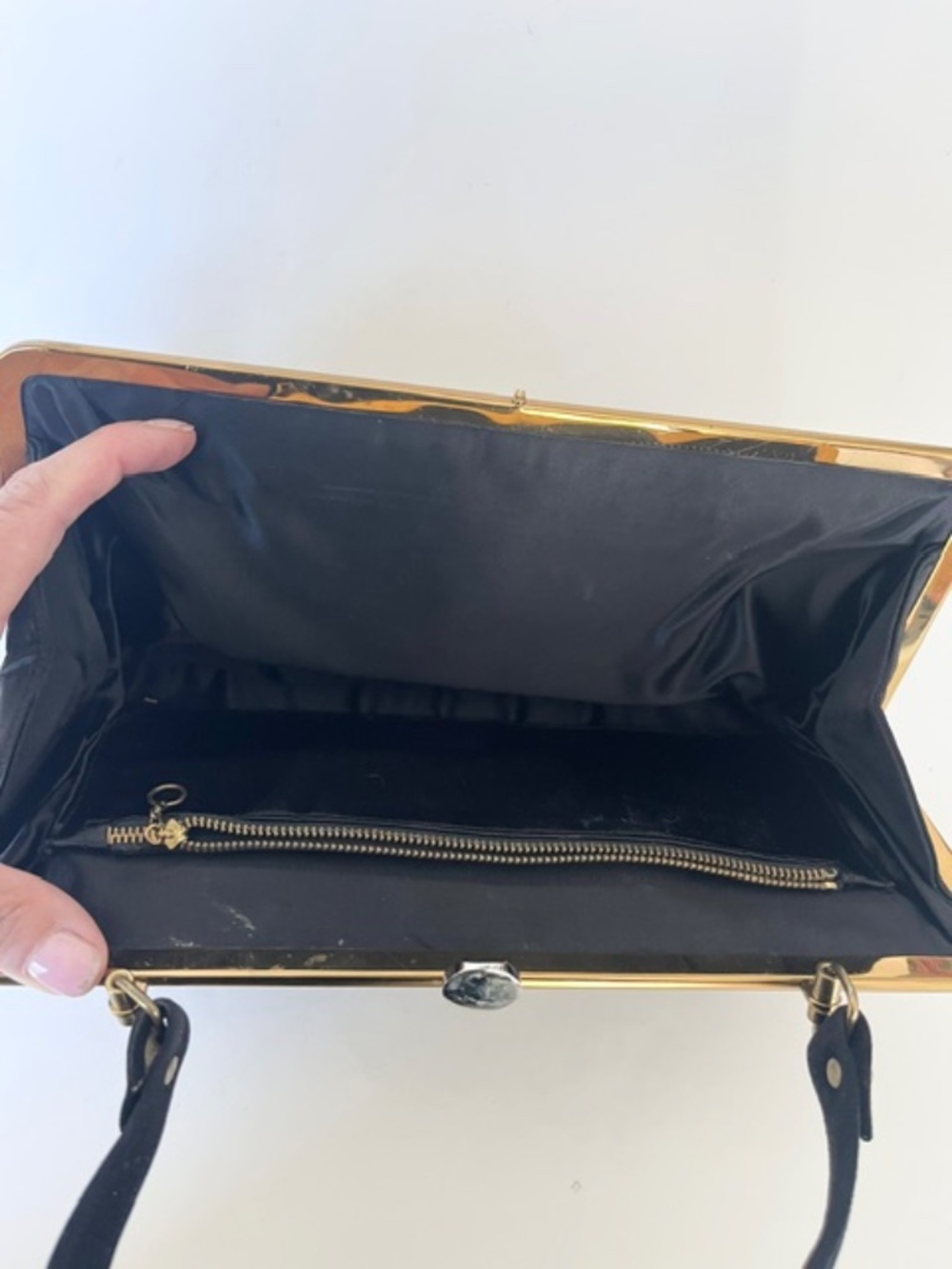 Vintage Black Suede Handbag with Glass Diamond shape closure - Picture 5 of 7